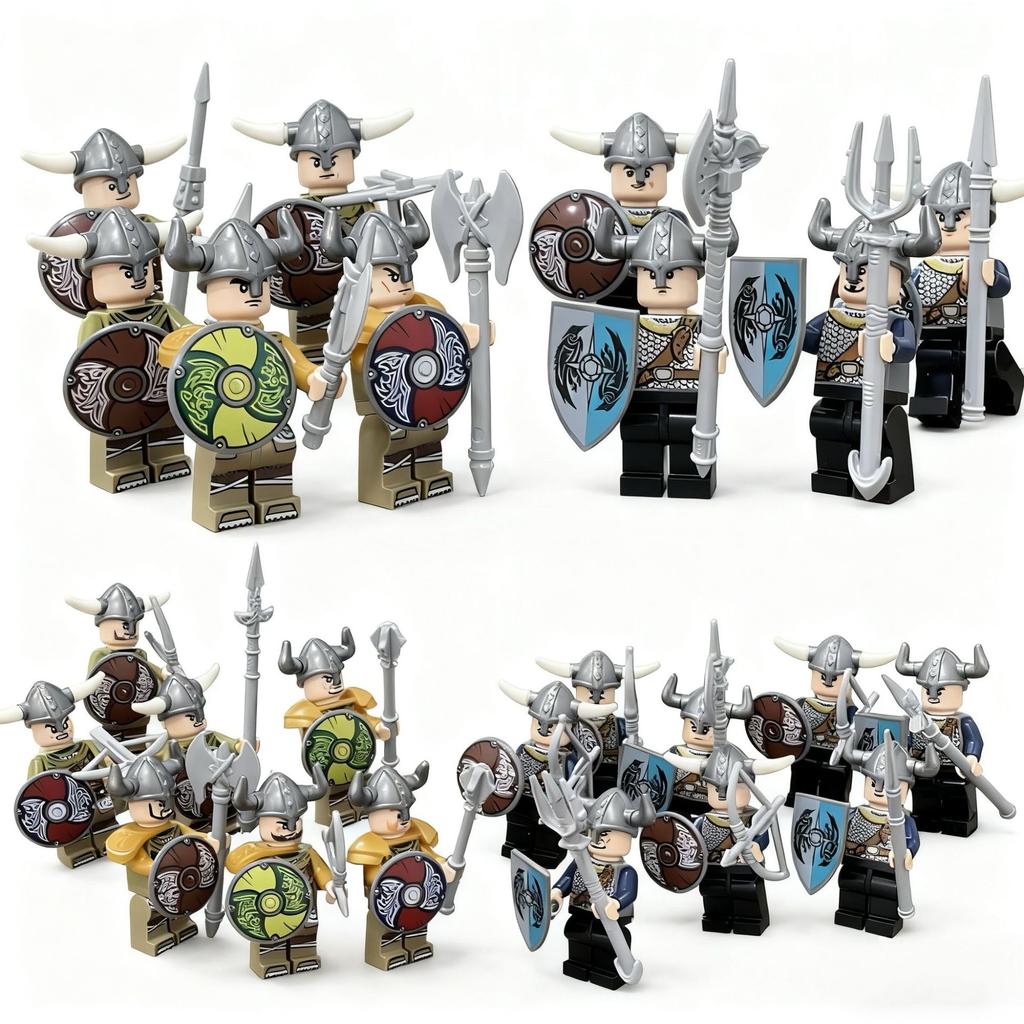 Three Viking Dolls Children Assemble Small Particle Building Block Toys Medieval Soldier Weapon 8170