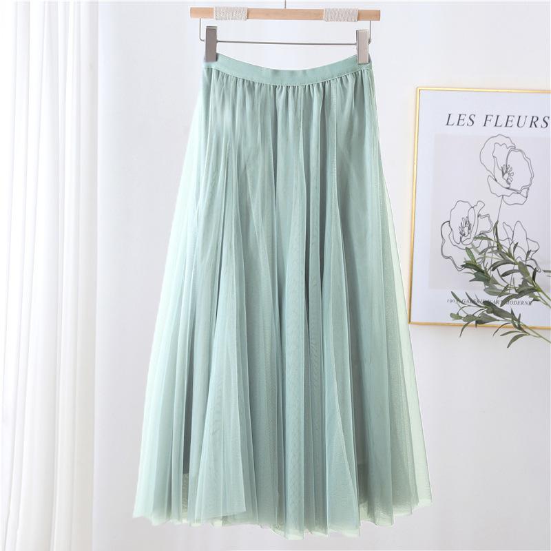 Qooth Women's Slim Skirt Mid Length Gauze Skirt Summer Simple Casual Skirt Fashion Full Dance Skirt QT2588