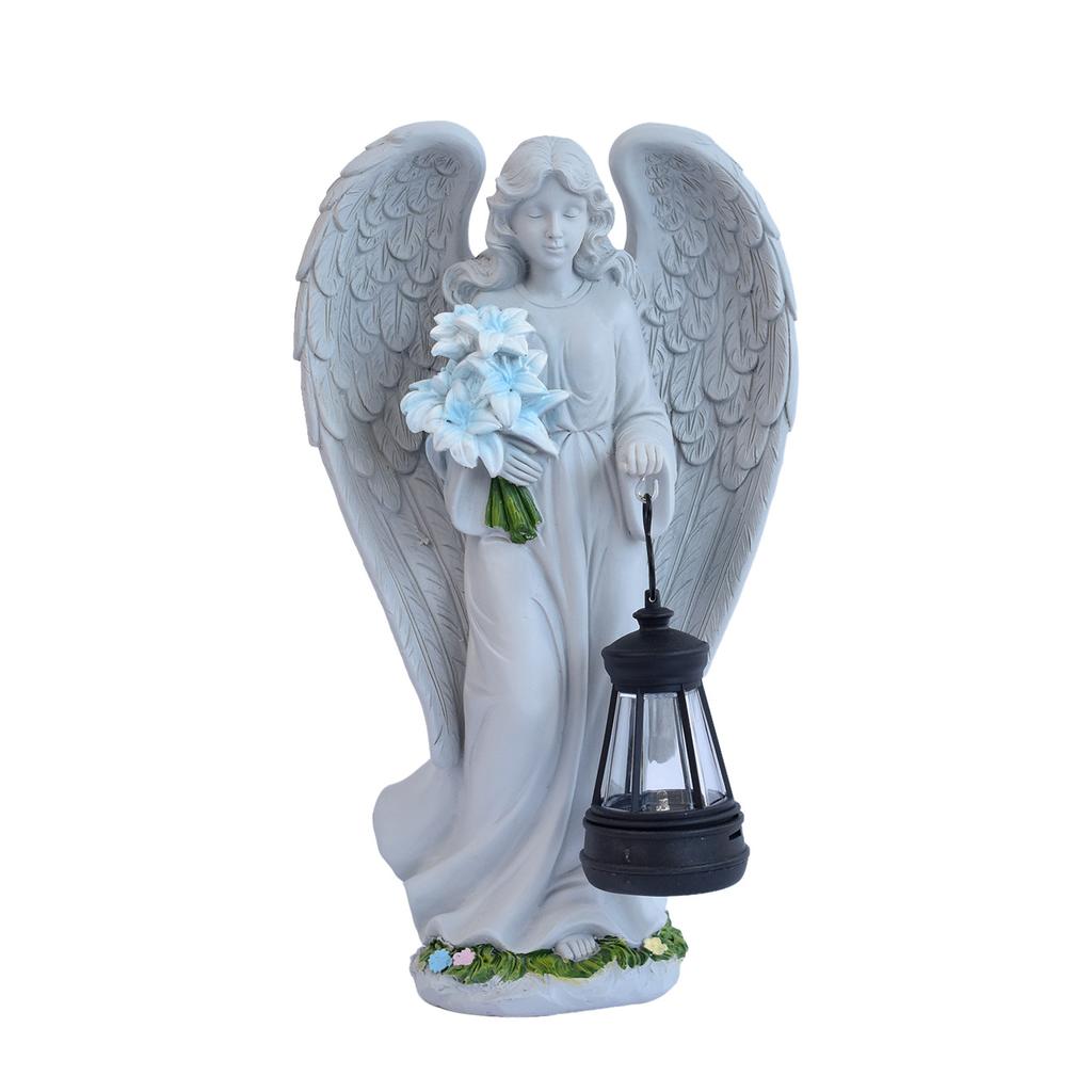 JYL TS/035,Resin Angel Carrying Blue Flower Lantern Solar Outdoor Light for Garden Figure Statue Decor