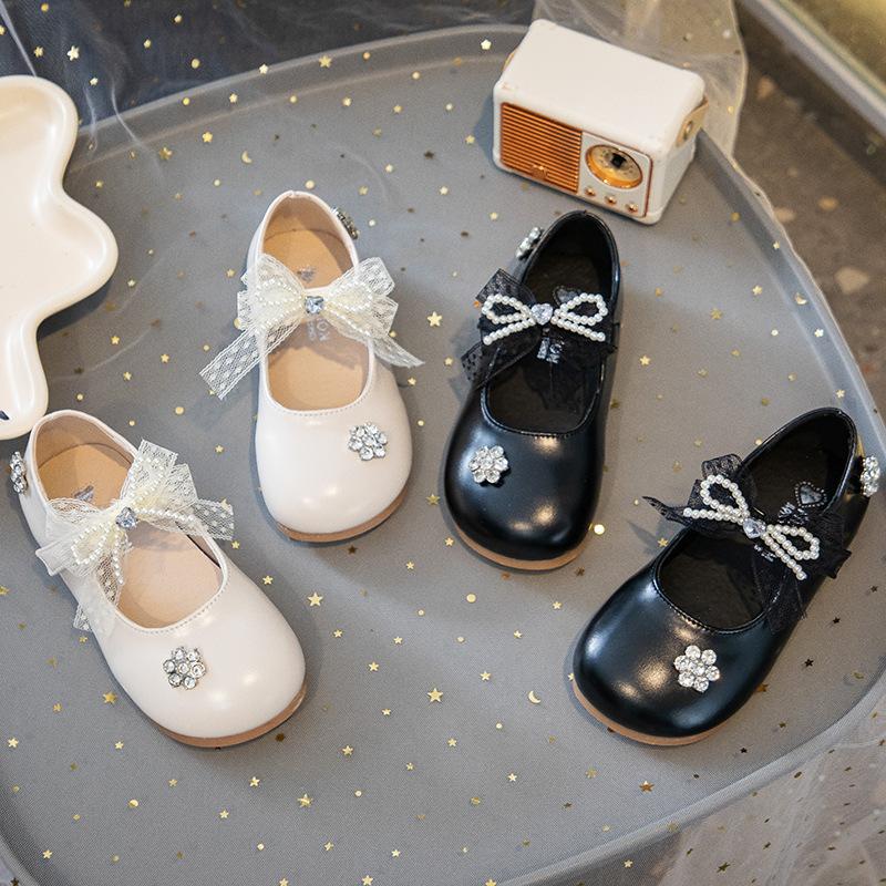 Girls leather shoes 2025 autumn new girls bow crystal princess shoes fashion children soft sole casual shoes