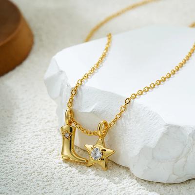 Exquisite CZ Zircon Western Cowboy Boots Stars Pendant Necklace for Women Stainless Steel Charms Collar Jewelry
