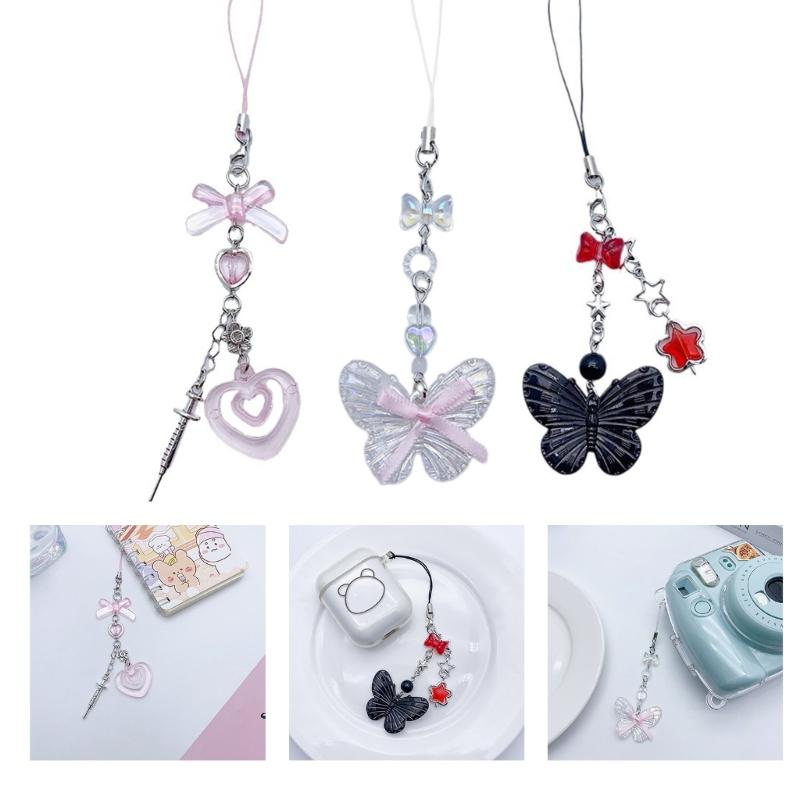 Bowknot Butterfly Heart Phone Charm Straps Car Keys Hanging Pendants Y2K Bag Decoration Lanyard Purse Accessories