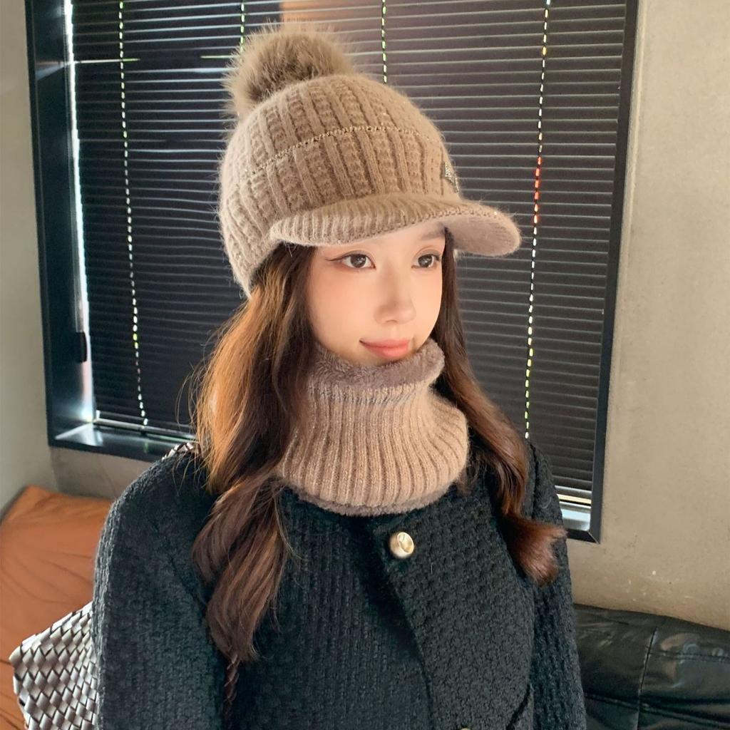Wool Hat Women's Hat Women's Autumn and Winter Knitted Hat Winter Warm Velvet Thickened Ear Protection Scarf