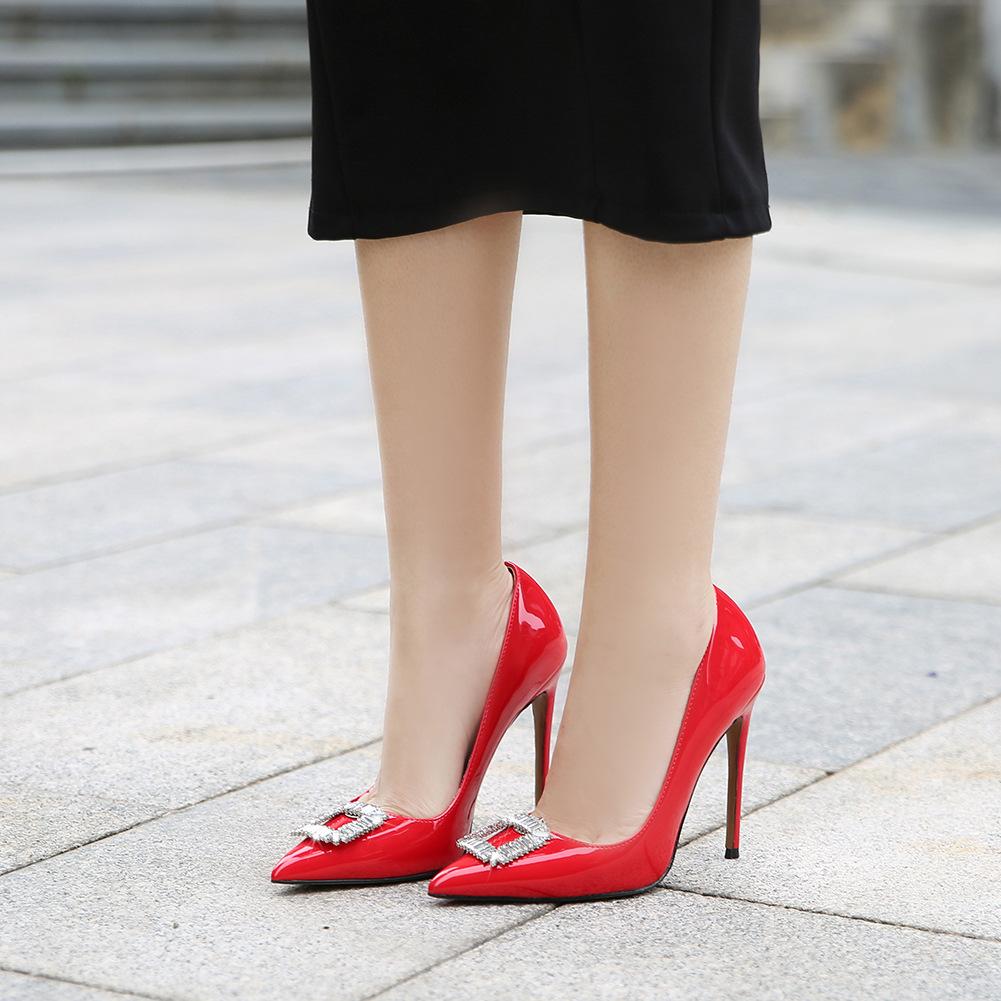 Pointed High Heels Women's Spring New Thin Heels Shallow Mouth Sexy Rhinestone Square Buckle Fairy Shoes Single Shoes Women