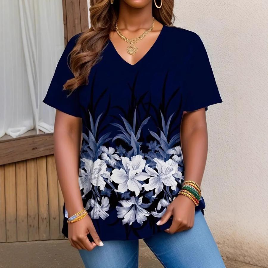 

Xl-7xl Plus Size T Shirts Fashion Spring Summer V-neck Short Sleeved Floral Print Women s T-shirt XL темно-синього кольору