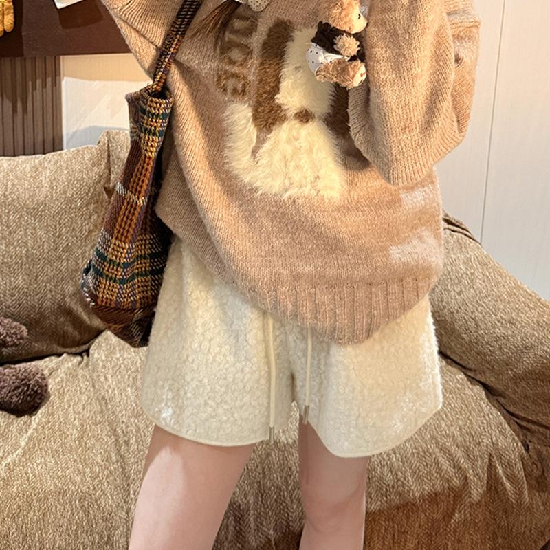Elastischer Bund Lamm Samt Freizeithose für Damen im Winter Kleine Verdickte Flauschige Weitbeinshorts