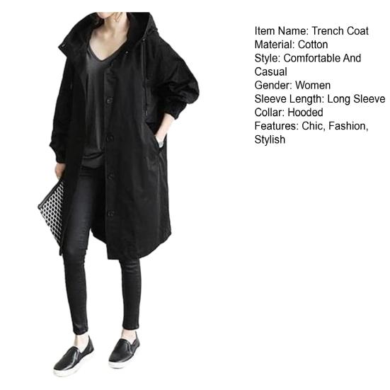 Damen Trenchcoat Langarm Baumwoll-Hoodie Jacke Übergroße Windjacke Lockerer Schnitt Herbst Oberbekleidung