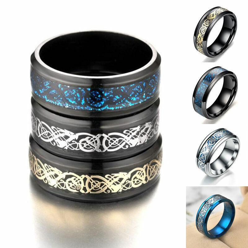 Fashion Dragon Inlay Ring Stainless Steel Jewelry For Men Comfort Band Ring 8mm~