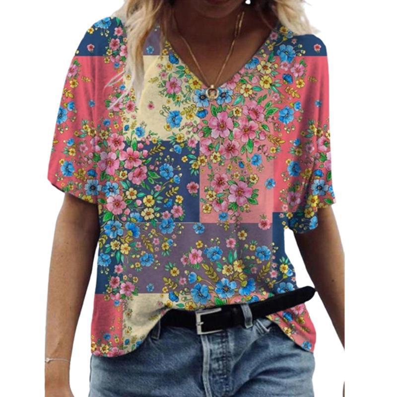 

New Women s V-neck Short Sleeved Summer 3D Abstract Printed T-shirt 2XL