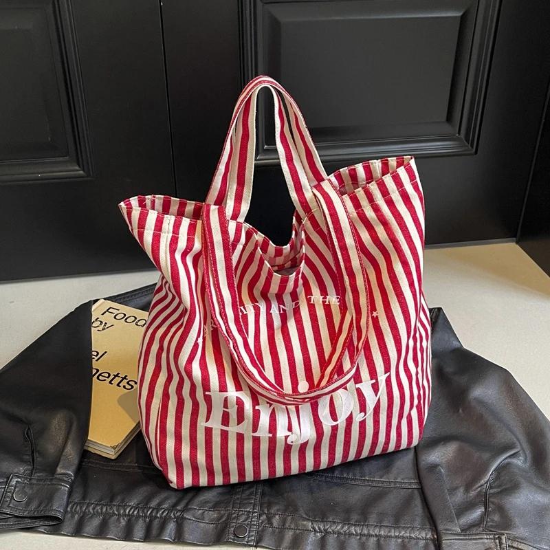 Gestreifte Canvas-Umhängetasche mit Buchstaben-Design, großes Fassungsvermögen, lässige Tragetasche, minimalistisch und vielseitig