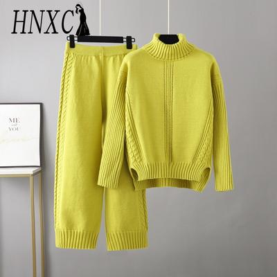 HNXC Rollkragenpullover Verdickter Strickpullover Lässiges Mode-Set für Damen Herbst und Winter Lockerer und lässiger Stil Weitbeinige Hose Zweiteiler