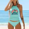 Costume da bagno da donna con scollo all'americana, stampa di crisantemi multicolori, bikini, tankini