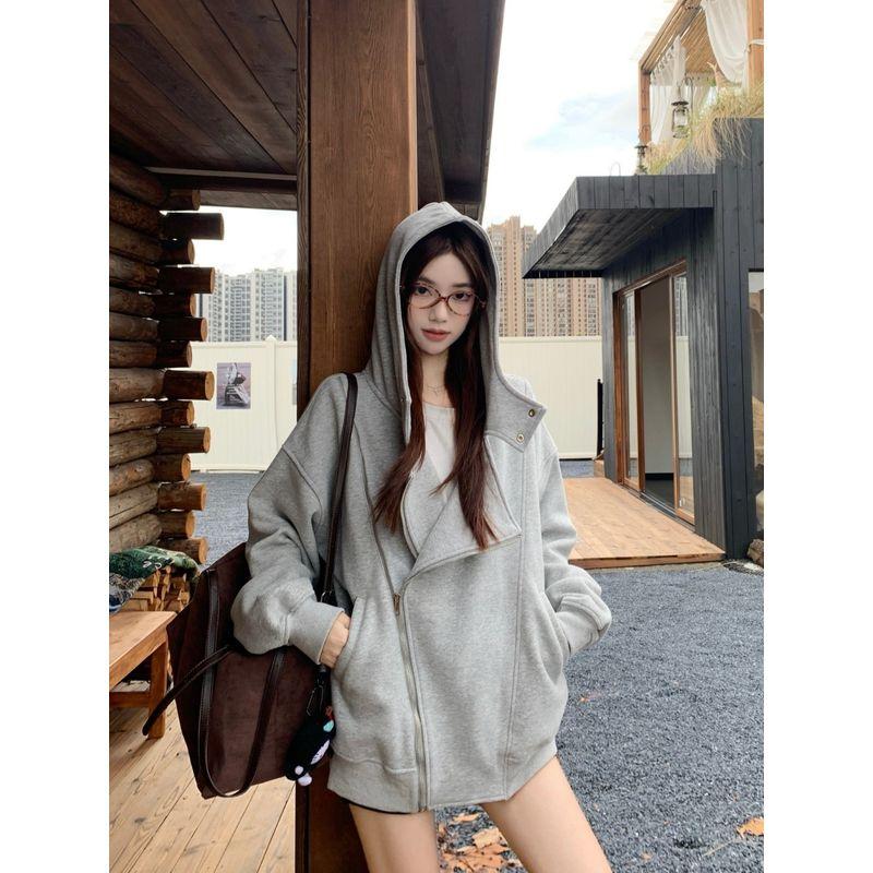 Kumikumi Idle Style Gray Elegant Chic Hooded Long Sleeve Sweater Women Fall Loose Versatile Casual Top