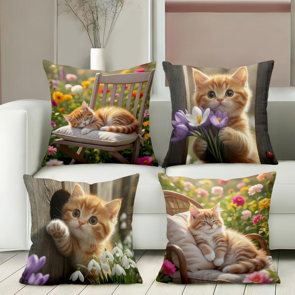 Spring Ginger Kitten Printed Pillow Covers For Home Decor Polyester Sofa Cushion Cov Headboard Pillow (Without Pillow Core