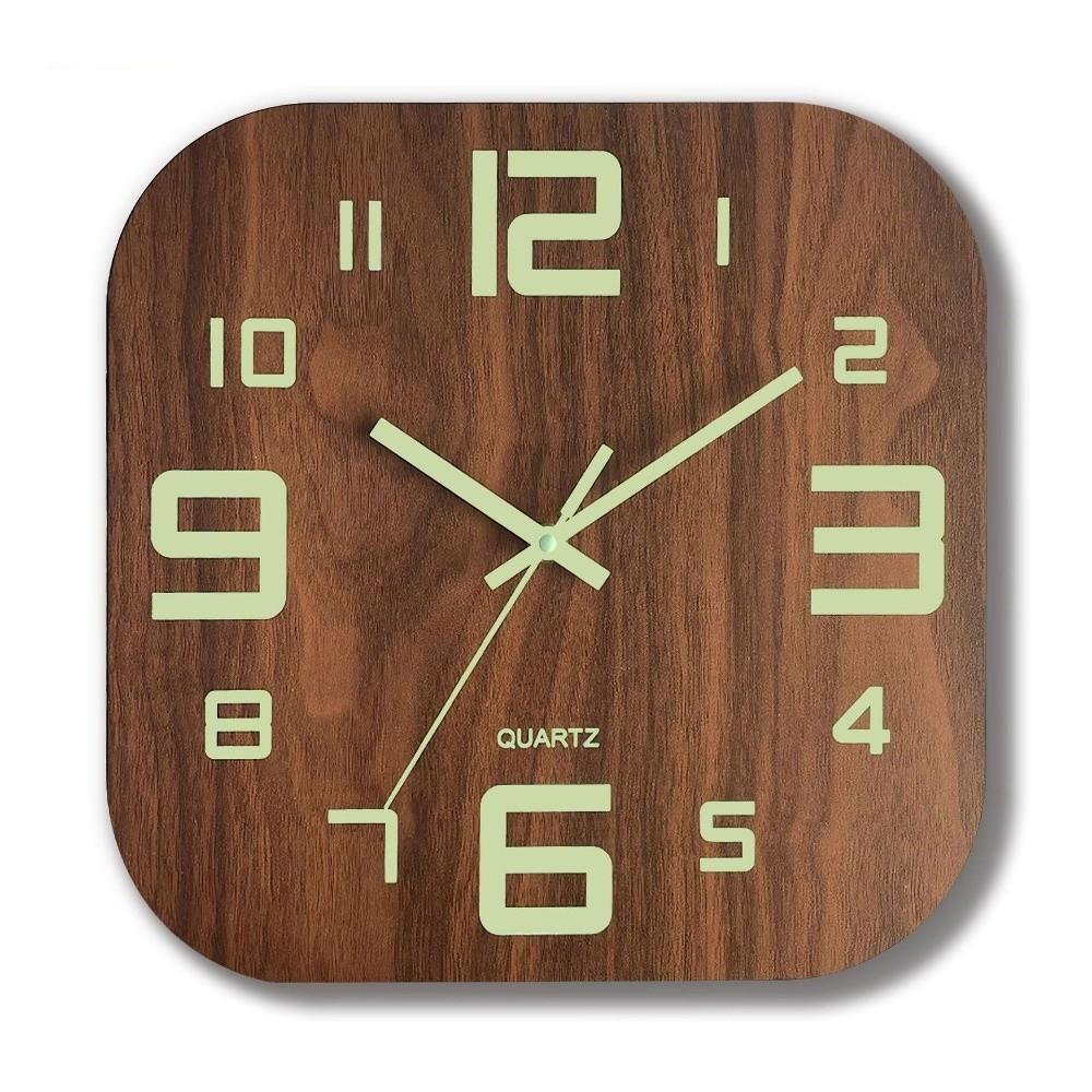 12 Inch Glow In Dark Wall Clock Brown Luminous Wall Clock Silent Wooden Wall Clock For Bedroom