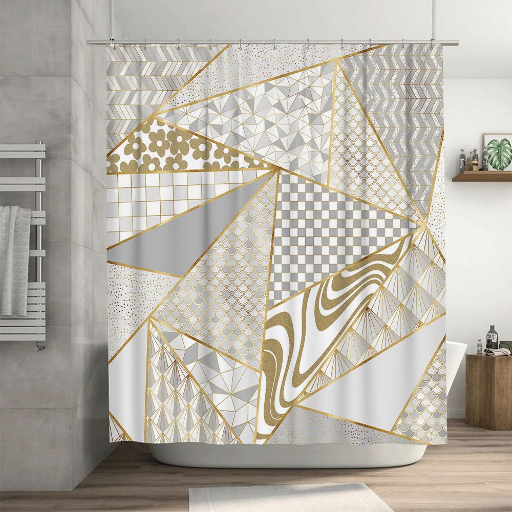 White Gold Geometric Shower Curtain, Luxury Bathroom Decor, Modern Bathtub Cover Waterproof Fabric for Wet Areas, 72 x 84 Inches