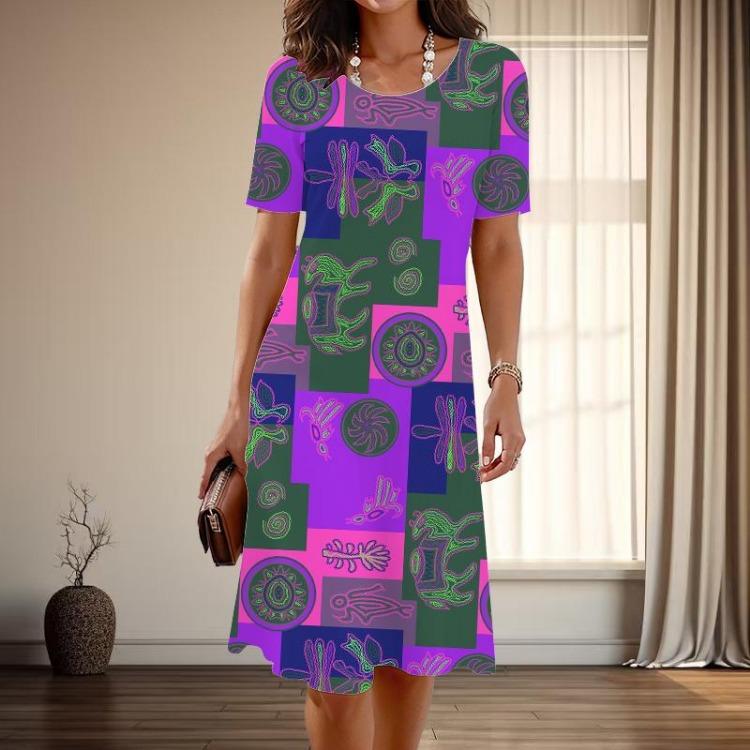

Summer Spring Casual Dress Women Fashion Retro Print Short Sleeve O Neck Graceful 8XL фіолетовий