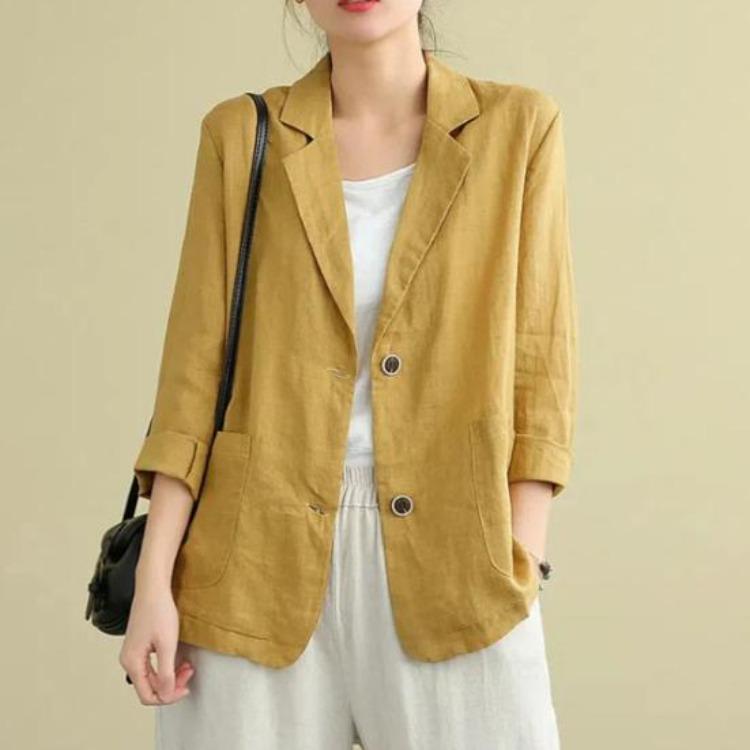 Women Vintage Casual Blazer Jacket Cotton Linen Coat Long Sleeve Lapel Thin Coat with Pockets 2 Buttons