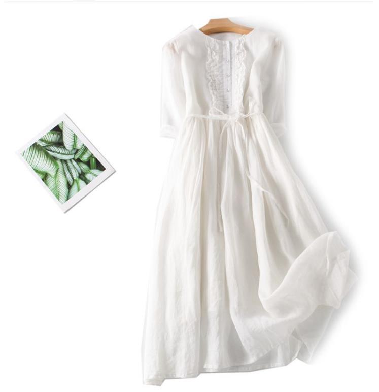 New Retro Round Neck Double-Layer Tie-Waist Midi Vacation Dress, Summer Collection Medium белый