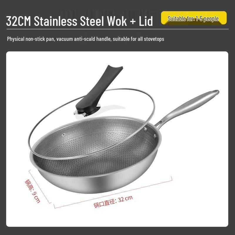 Stainless Steel Thickened Honeycomb Non-Stick Flat Bottom Wok Cookware