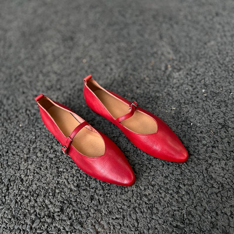 Johnature Retro Buckle Strap Pointed Toe Soft Soled Soft Cowhide Women's Genuine Leather Flats Shoes