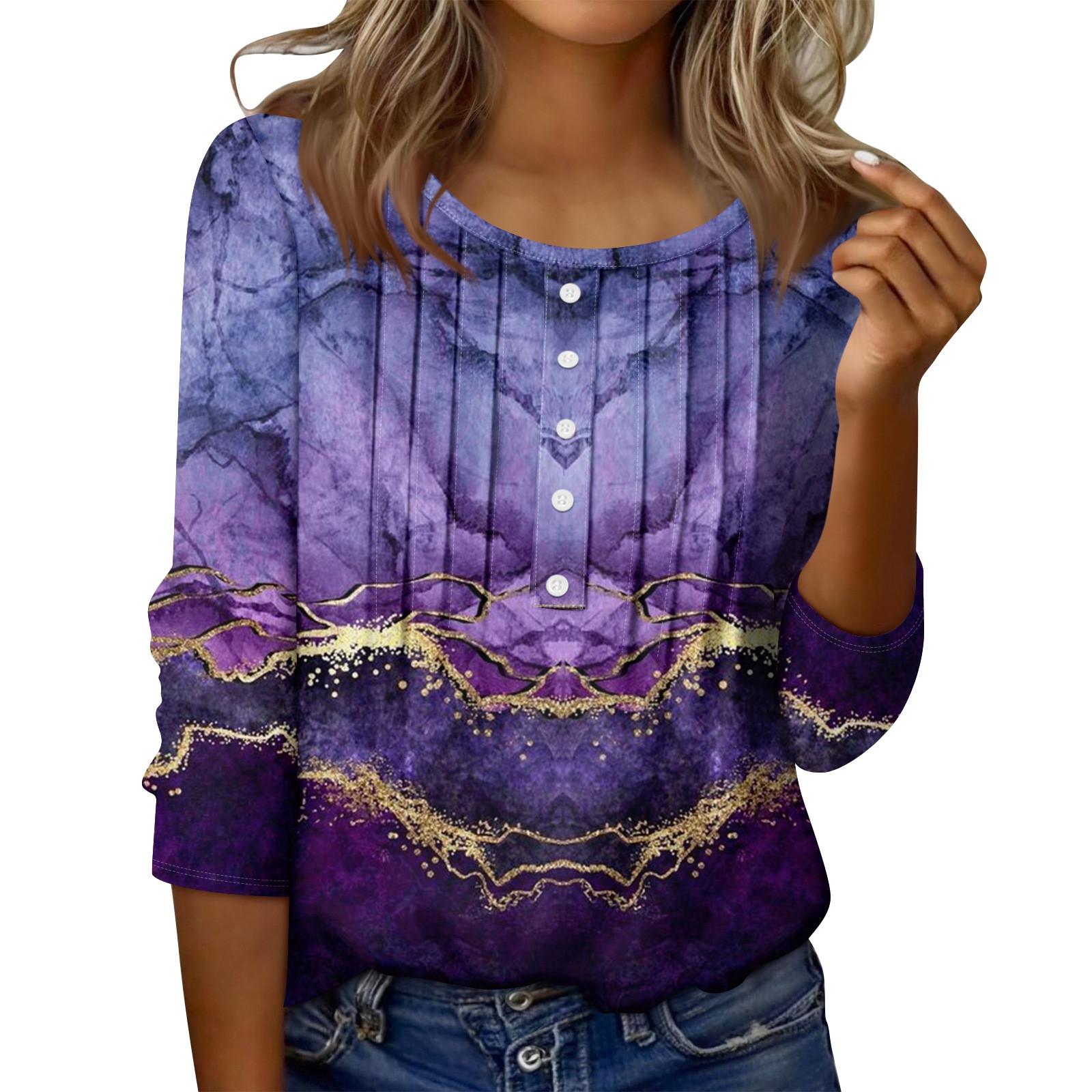 

Women s Round Neck Pull Stripe Decorative Button Top Casual Solid Color 3/4 Sleeve T Shirt L