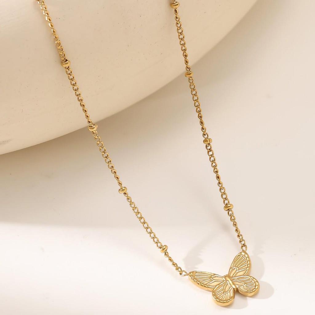 Versatile Titanium Steel Butterfly Moon Pearl Necklace, V-Shape, Colorfast 18K Gold, for Women.