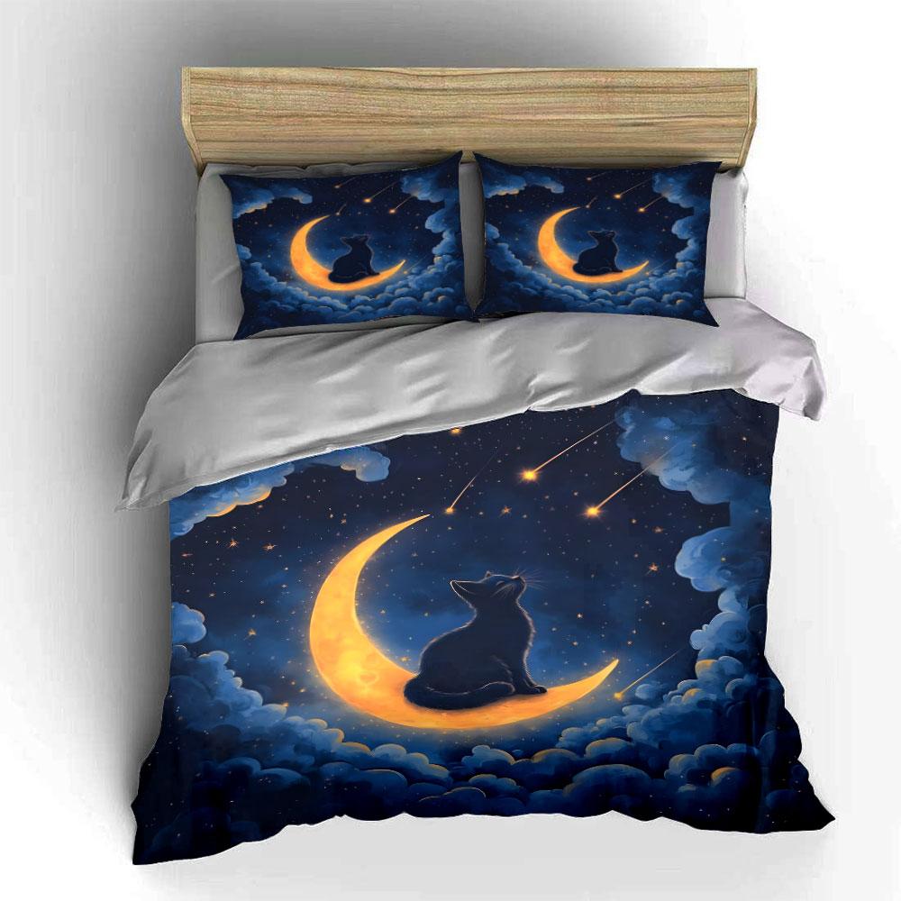Katze auf Mond mit Sternschnuppen Bettwäsche Bettbezug Set (1*Bettbezug 2*Kissenbezüge, ohne Bettdecke)