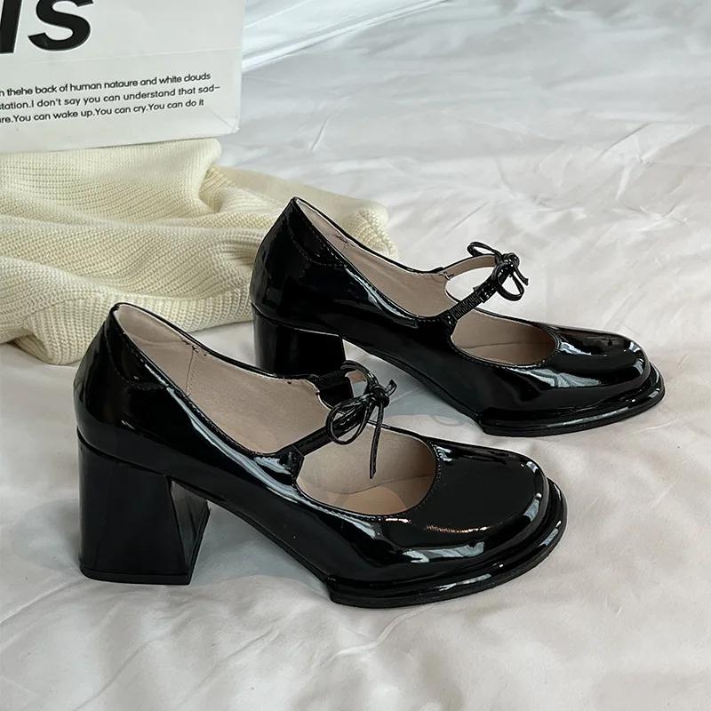 

Fashion New Fashion Bowknot Shallow Soft Sole Dress Shoes for Women High Heeled Mary Jane Single Shoes Ladies Thick Heel Ballet Shoes 37 чёрный