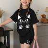 Girls Fashionable Shorts Set with Cat Paw Print Pattern Summer Outdoor Casual Short Sleeved Shorts Set Perfect for Outdoor