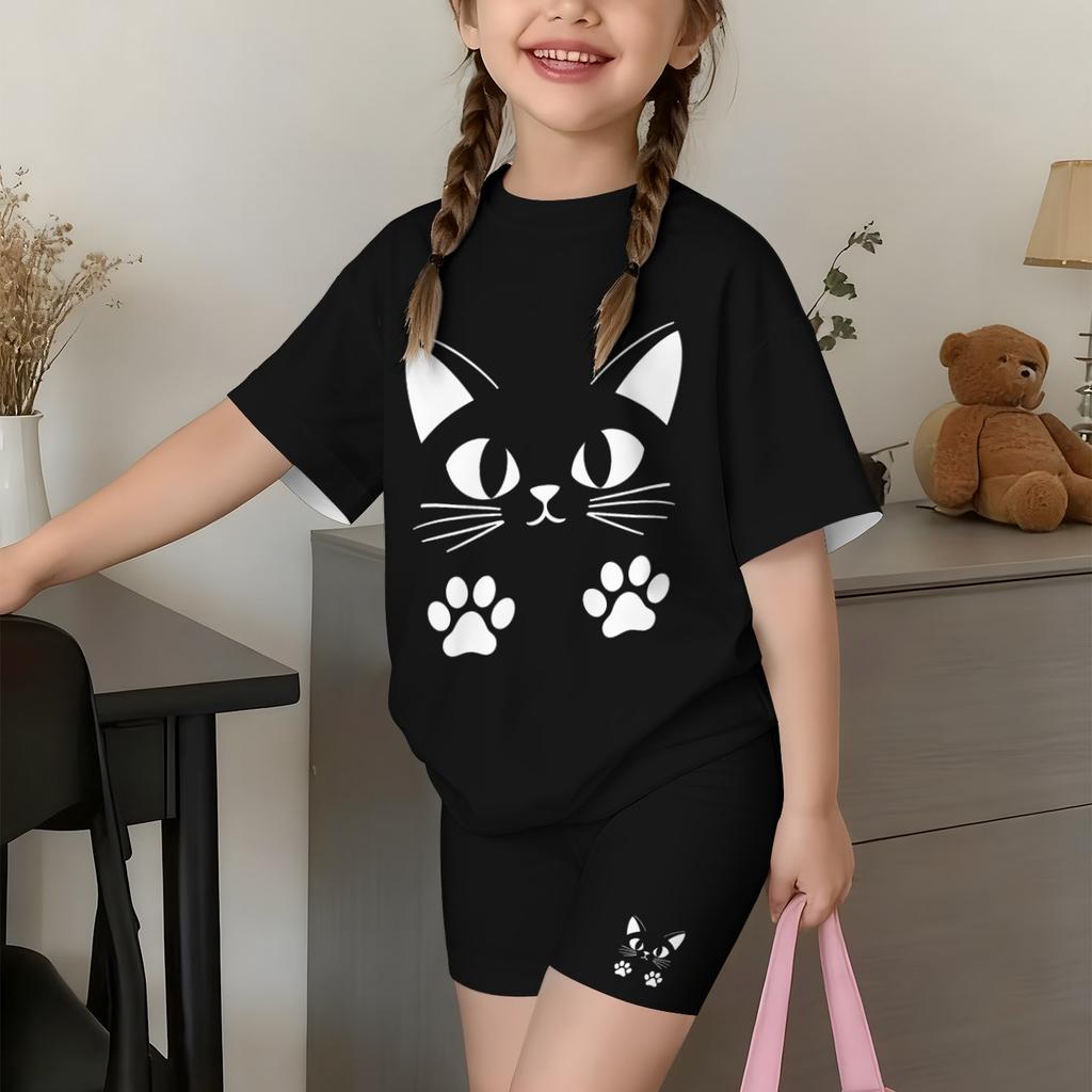 Girls Fashionable Shorts Set with Cat Paw Print Pattern Summer Outdoor Casual Short Sleeved Shorts Set Perfect for Outdoor