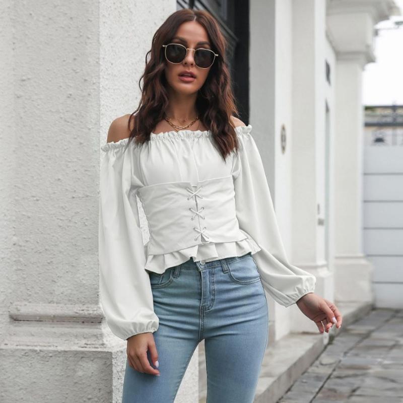 Off Shoulder Hot Style Front Straps Women Blouse Long Sleeve Slim Waist Pleated Short Top Elegant Casual Shirt New Solid Color Ruffled Clothng