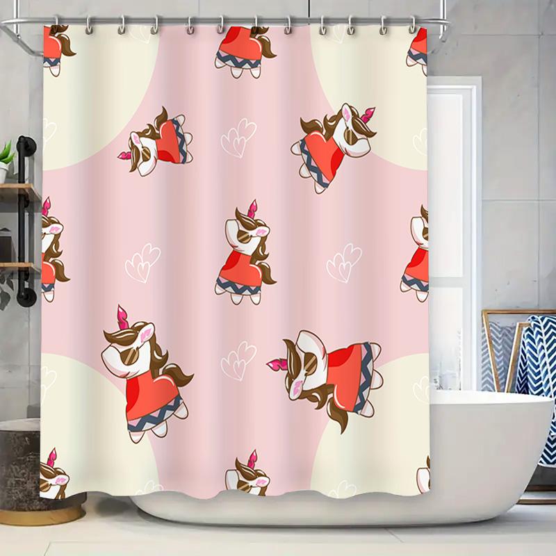 Unicorn Shower Curtain with Heart Print for Bathroom Decor Pink Unicorn Bath Mat Set Kids Gifts Decoration 180 x 180 cm (Red) by 90x180cm