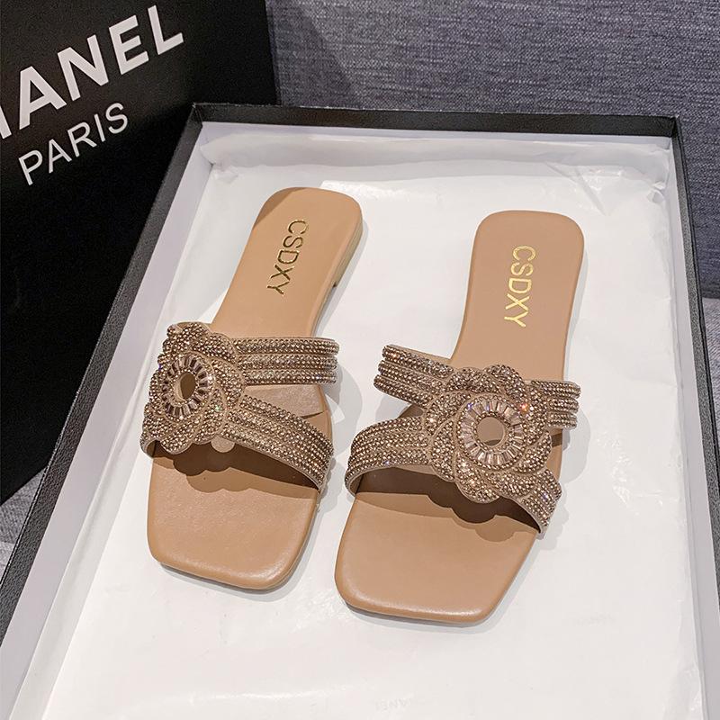 Women's 2024 New Cross-border Foreign Trade Large-size Women's Rhinestone Flat-bottomed Cool Slippers