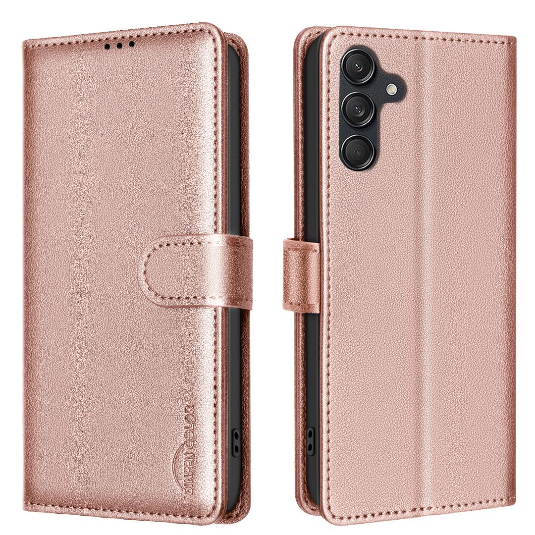 

BINFEN COLOR BF32 For Samsung Galaxy S25+/S24+ Phone Case Litchi Texture RFID Blocking Wallet Leather Cover Rose Gold