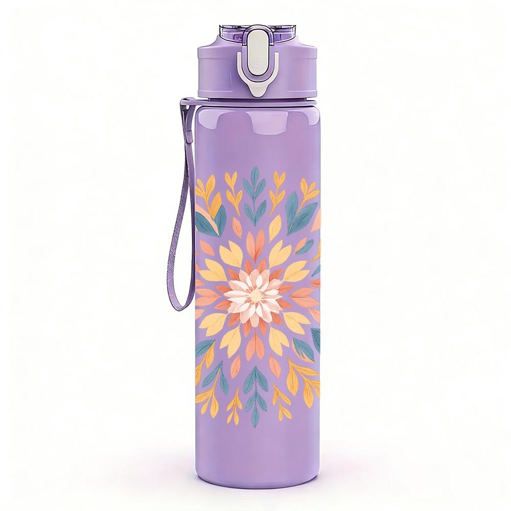 1PC Mandala Floral Circle Art 750ml Color Plastic Sports Water Bottle Leakproof Flip Straw Lid Suitable for Sports Office Home Use