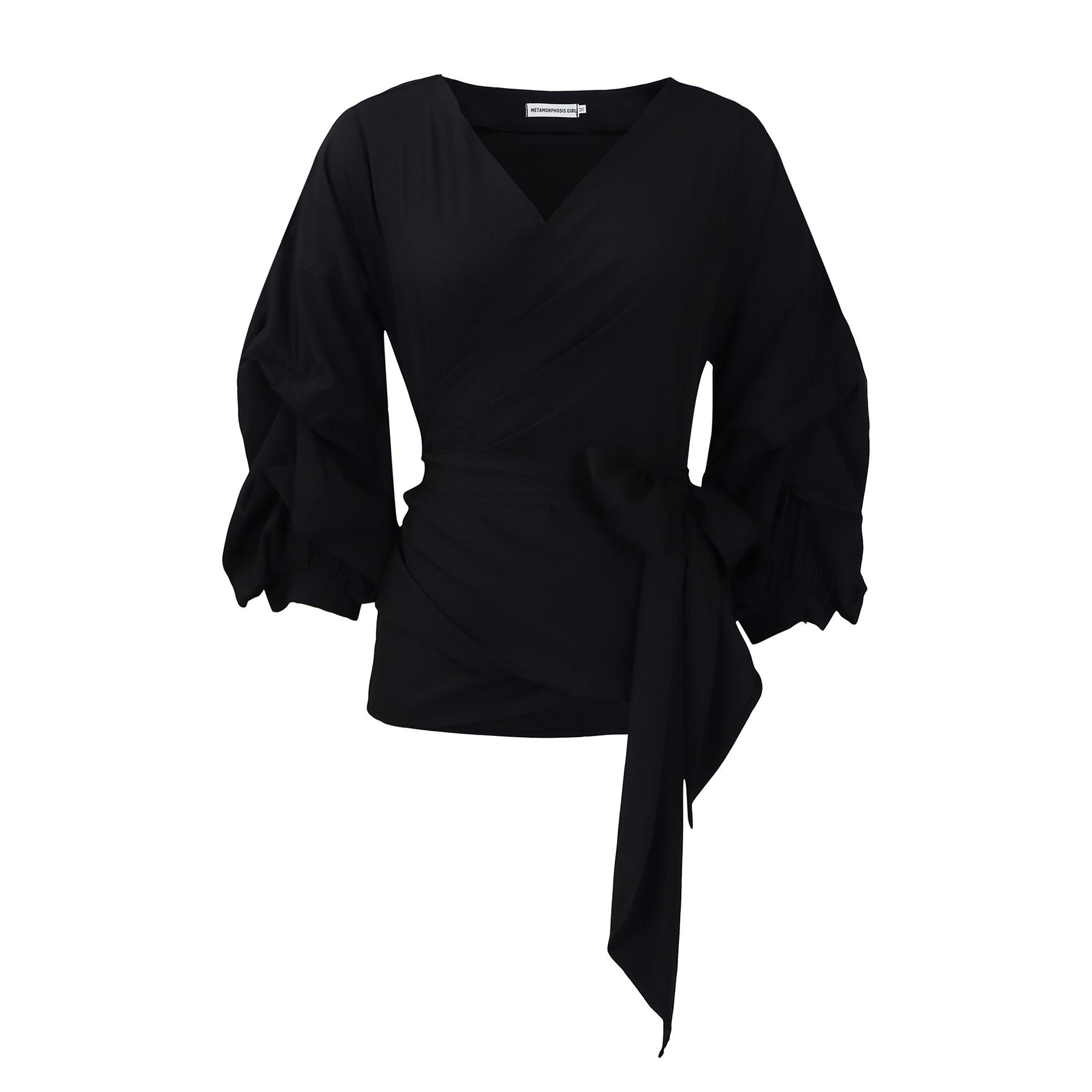 

Новая летняя мода однотонный топ с открытыми плечами, перекрещенными бретелями, рукавами-пузырями, сексуальным V-образным вырезом S чёрный