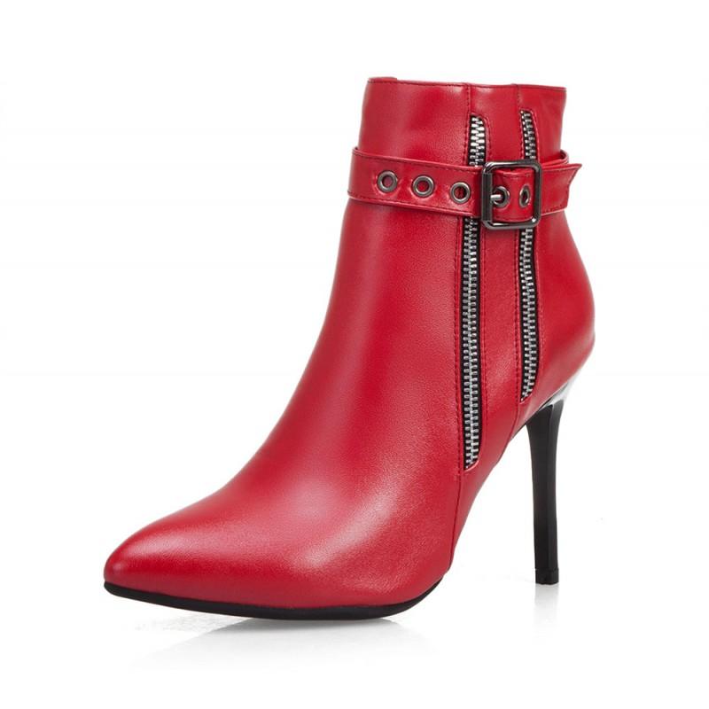 Womens Pointed Toe Stiletto Ankle Boots Side Zip Belt Buckle Short Winter Fashion Plus Size 34-50