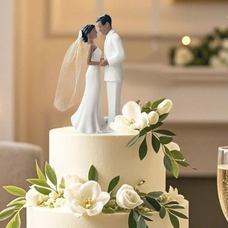 Elegant Bride & Groom Wedding Cake Topper With Veil 4.3" - Anniversary, Bridal Shower, Engagement Party Decoration,Wedding Props