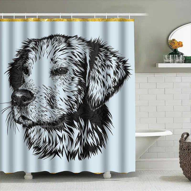 Vintage Style Dog Print Shower Curtain For Bathroom Decor Black White Animal Pattern Waterproof Fabric 72X84Inches Set With Snap