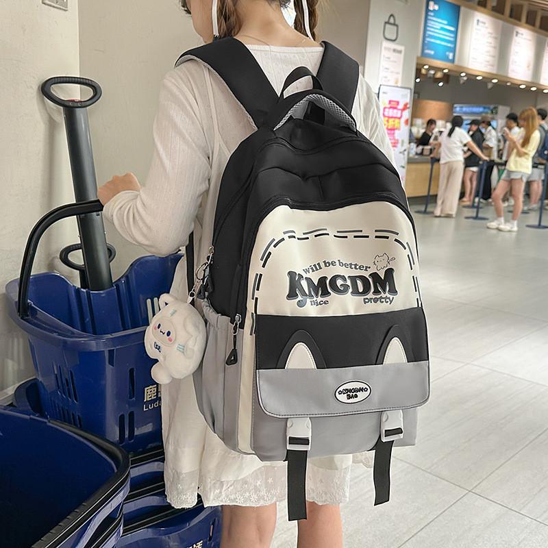 Cute Ears Cat Design Letter Line Pattern Student Backpack With Plush Pendant