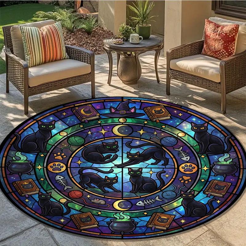 Stained Window Black Cat Round Area Rug,Carpet Rug for Living Room Bedroom Sofa Playroom Decor,Non-slip Floor Mat Q0043