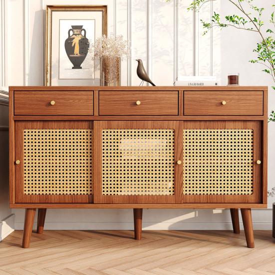 Sideboard, Chest Of Drawers with 3 Drawers and 3 Sliding Doors, Rattan Mesh On The Door Fronts, Legs Made of Solid Wood, Golden Metal Iron Handle,