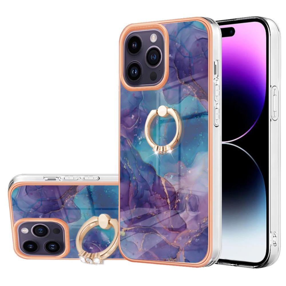 YB IMD Series-17 Style-E for iPhone 15 Pro Max Ring Kickstand 2.0mm TPU Phone Case IMD Marble Pattern Back Cover
