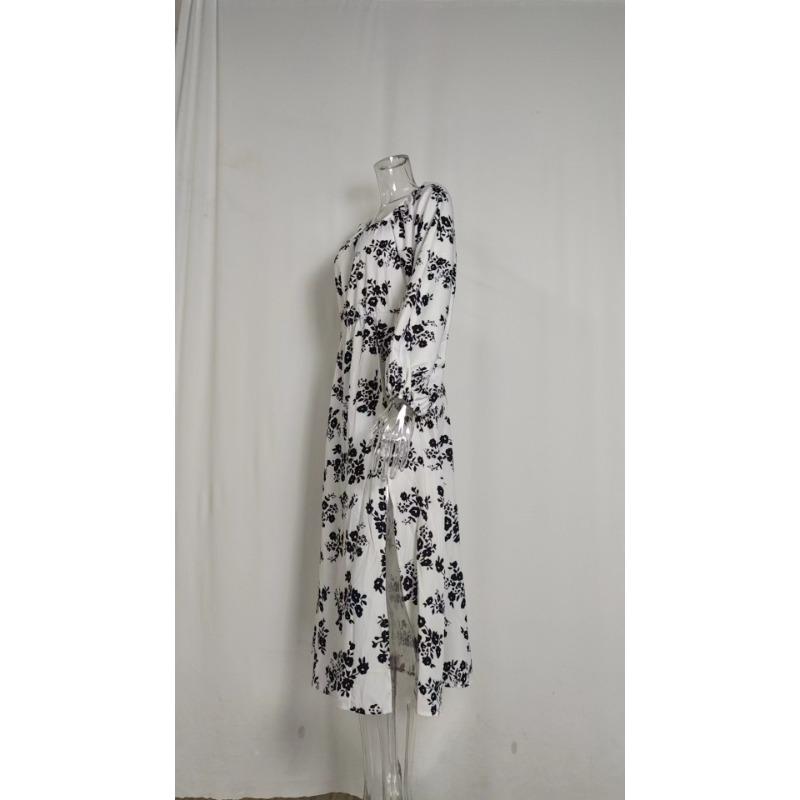 Printed Square Neck A-line Dress Women's Temperament Sexy Backless Slit Tied Dress Spring 2025
