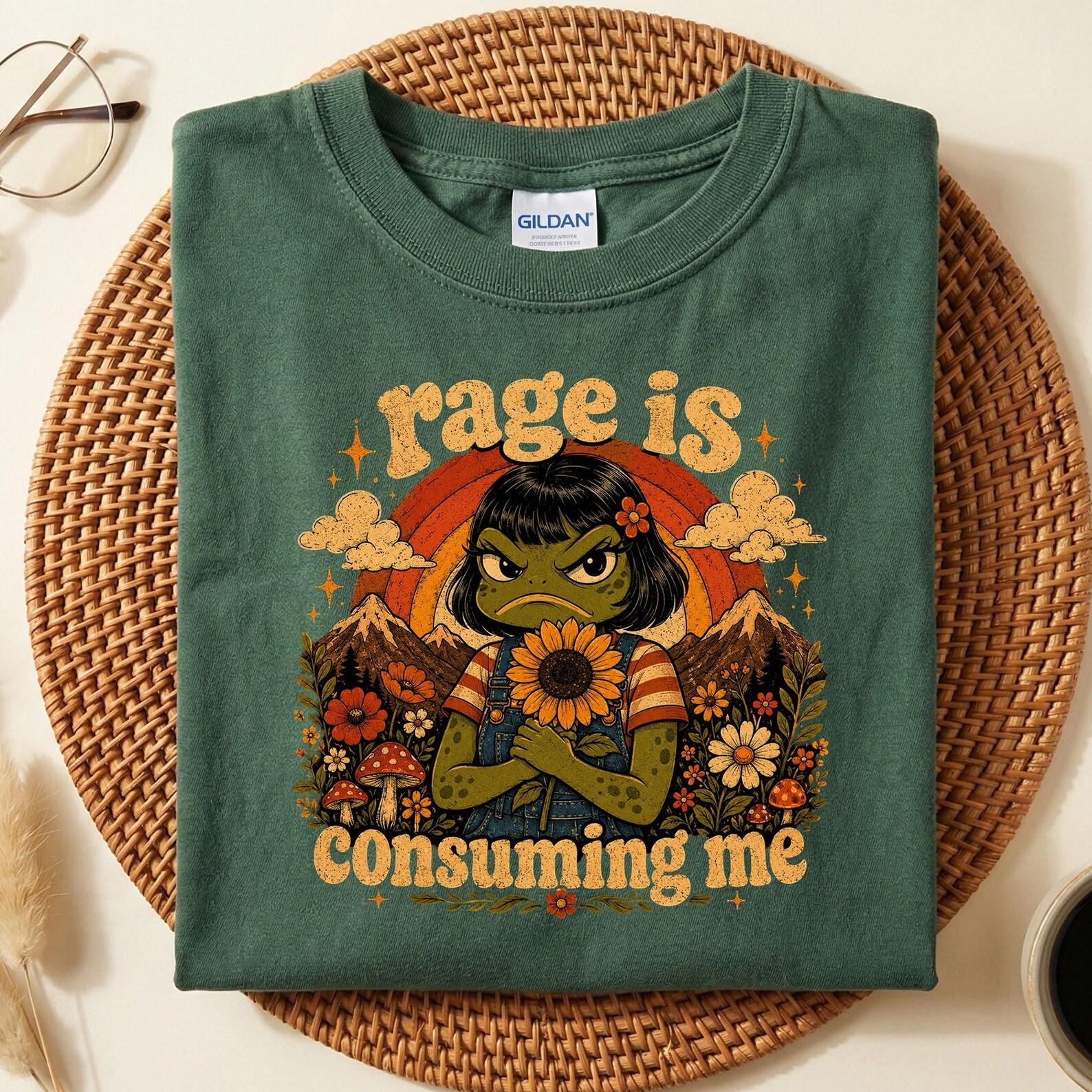 Rage Is Consuming Me Frog Shirt, Funny Angry Frog Tee, Retro Cottagecore Frog T-Shirt, Sarcastic Humor Gift, Grumpy Frog Lover Shirt L