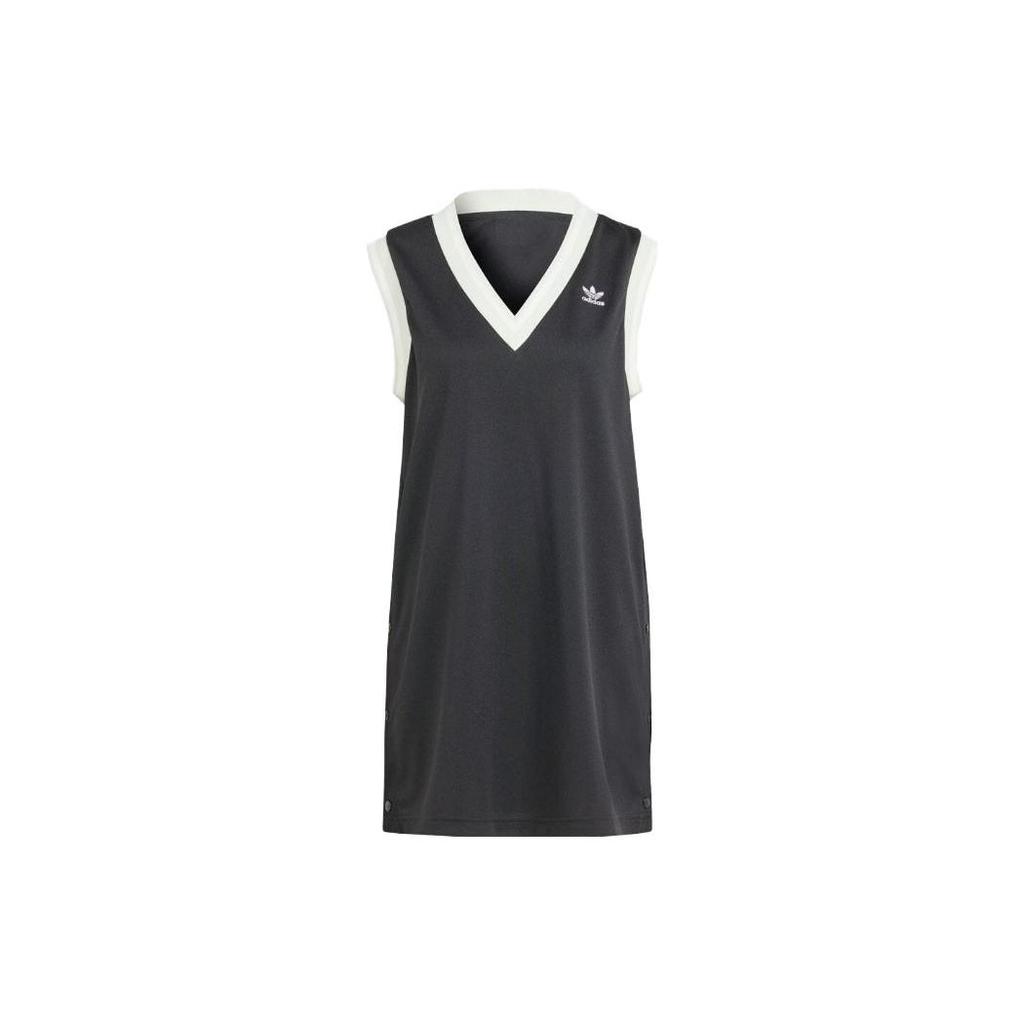 Adidas Originals Solid Color V-Neck Sports Casual Midi Sleeveless Dress Women Dresses Black IS5262