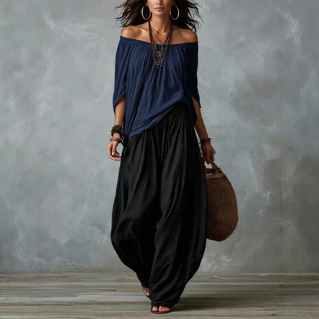 1116 Nuovo completo estivo europeo e americano di alta gamma casual con pantaloni a gamba larga e top monospalla per donna