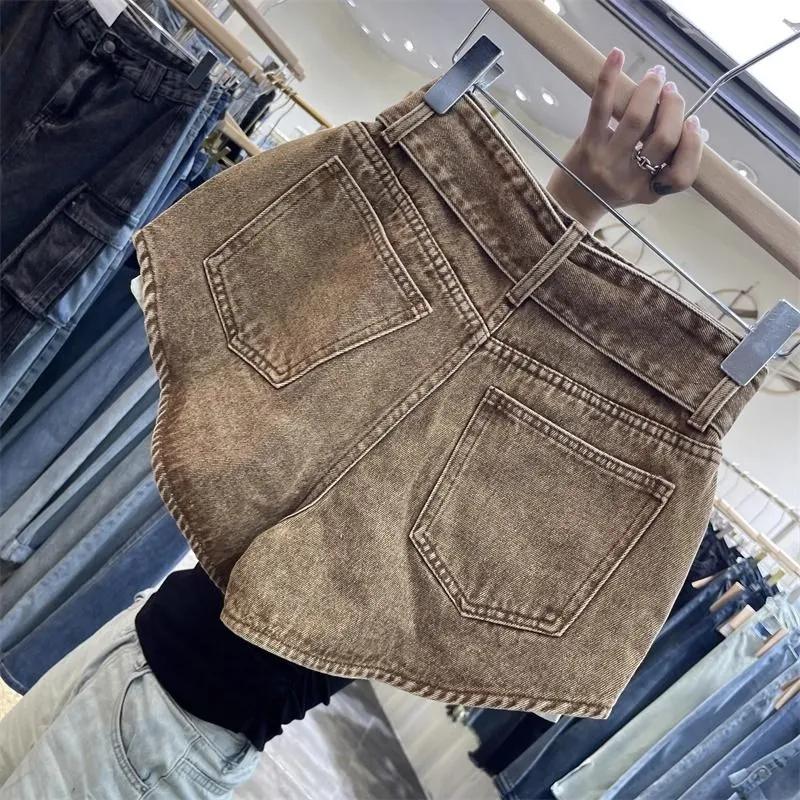 Women's Brown Washed Denim High Waist Shorts Casual Hot Pants with Double Le Belt
