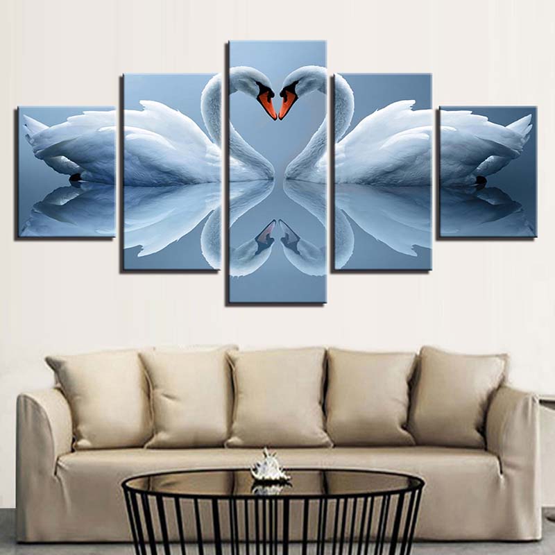 5 kusů Labutí srdce Swans Love Malba na plátně Zvířecí nástěnné umění Plakáty a obrazy pro Living Room Bedroom Home Decor Bez rámu